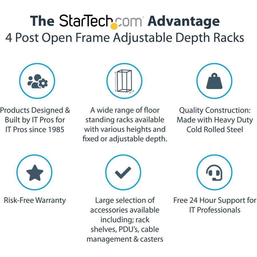 StarTech.com 4-Post 42U Mobile Open Frame Server Rack with Casters and Adjustable Depth