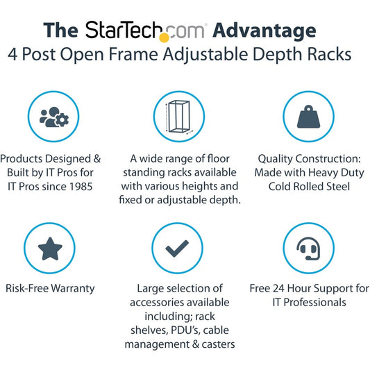 StarTech.com 4-Post 42U Mobile Open Frame Server Rack with Casters and Adjustable Depth