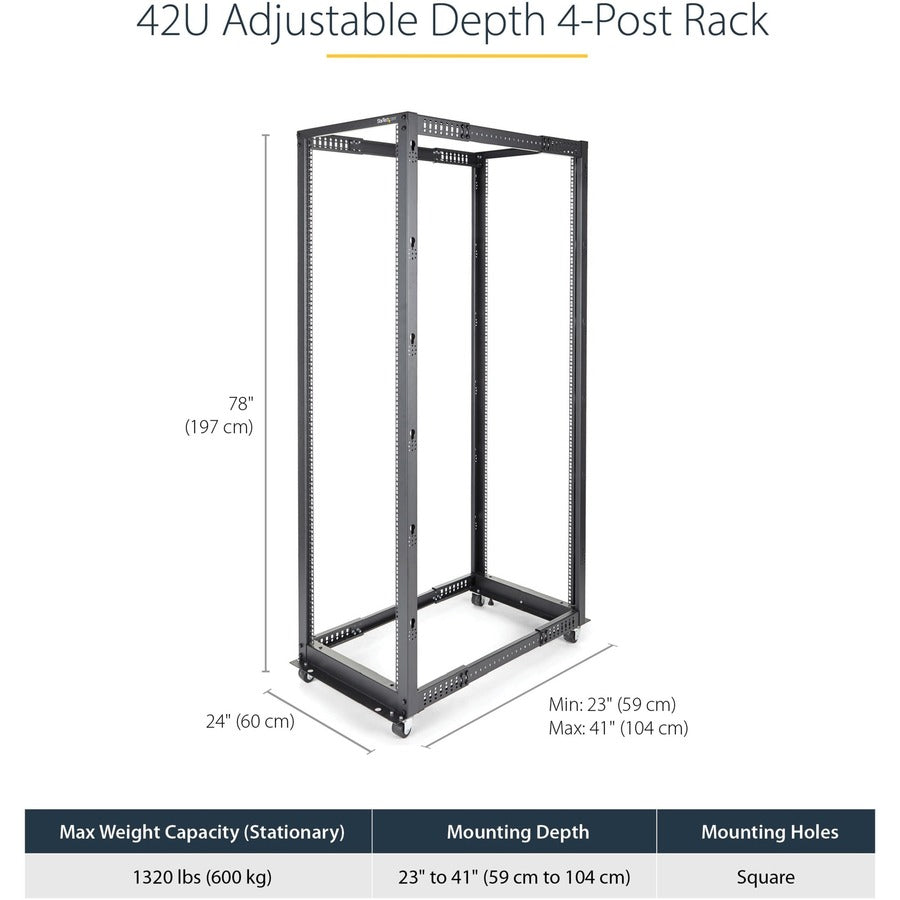 StarTech.com 4-Post 42U Mobile Open Frame Server Rack with Casters and Adjustable Depth