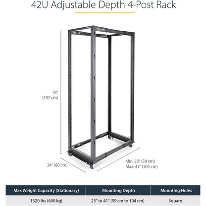StarTech.com 4-Post 42U Mobile Open Frame Server Rack with Casters and Adjustable Depth