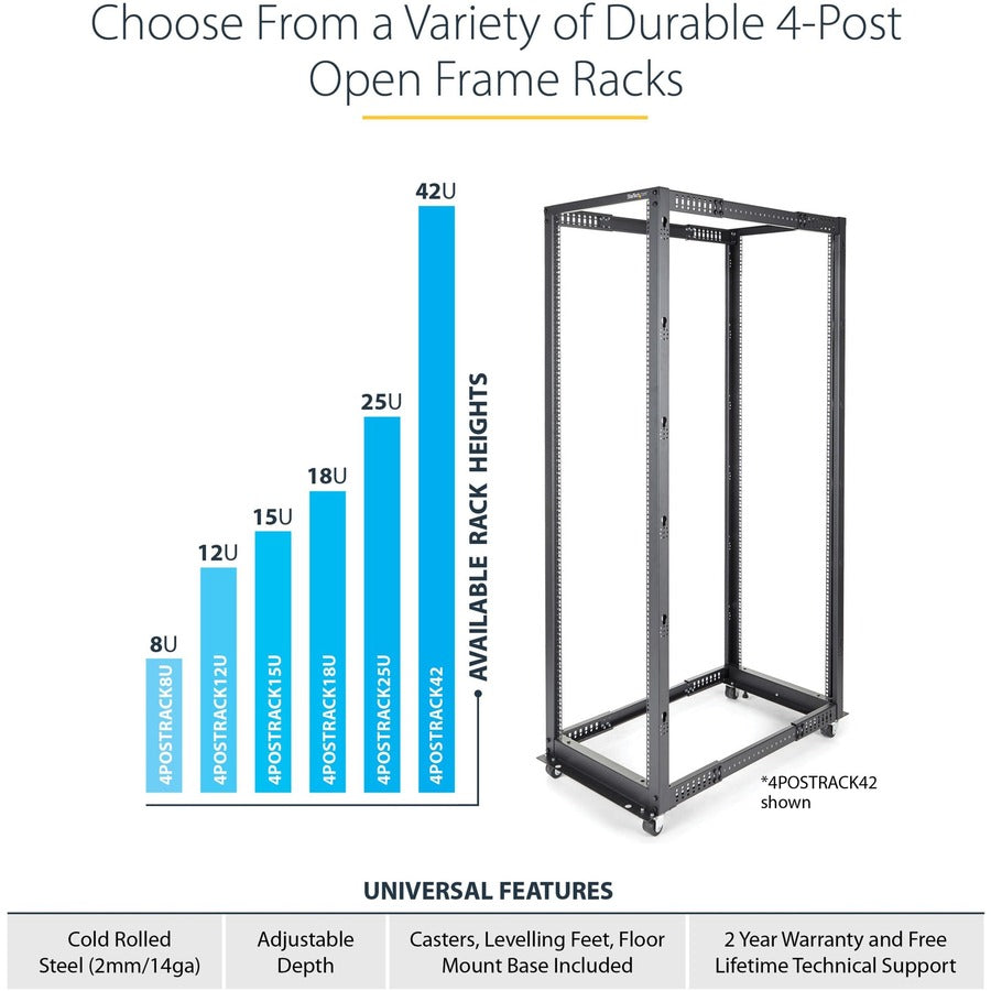 StarTech.com 4-Post 42U Mobile Open Frame Server Rack with Casters and Adjustable Depth