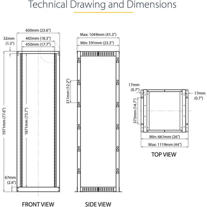 StarTech.com 4-Post 42U Mobile Open Frame Server Rack with Casters and Adjustable Depth