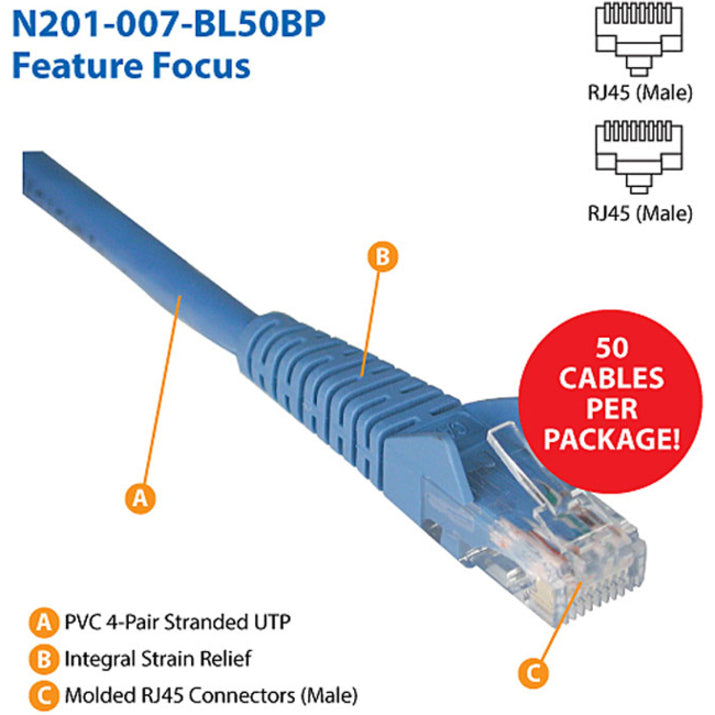 Eaton Tripp Lite Series Cat6 Gigabit Snagless Ethernet Patch Cable (RJ45 M/M), 7 ft, Blue, 50-Pack