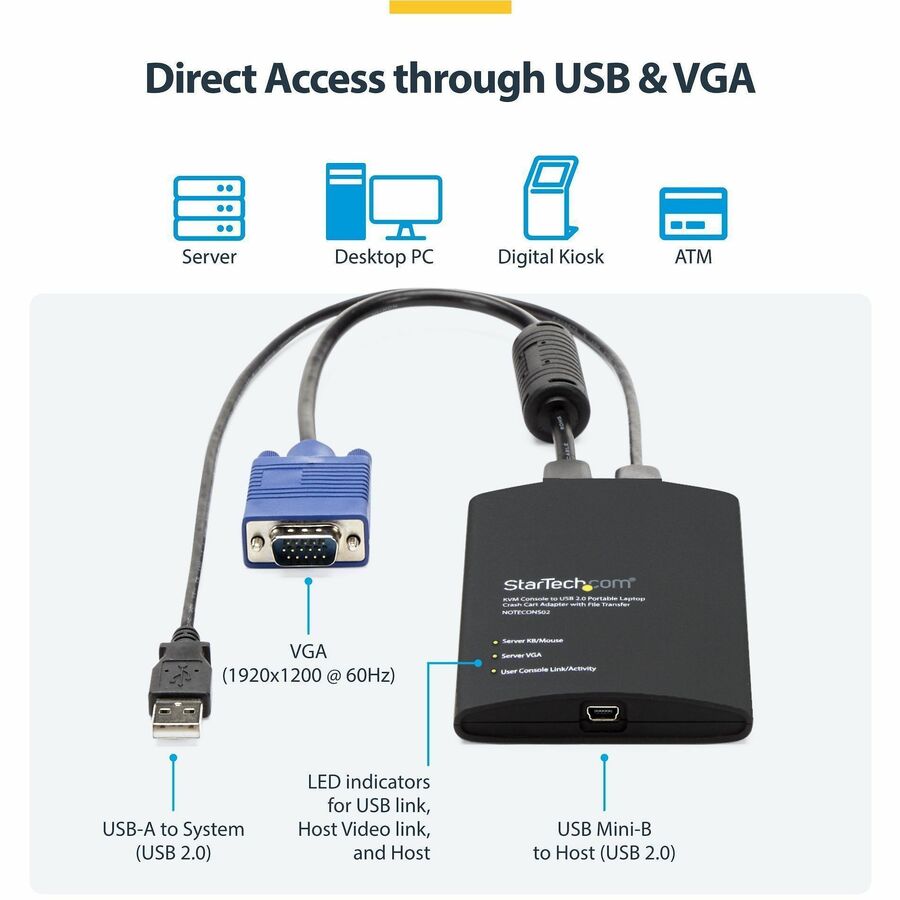 StarTech.com USB Crash Cart Adapter with File Transfer and Video Capture – TAA Compliant, Portable KVM Console for BIOS-Level Control