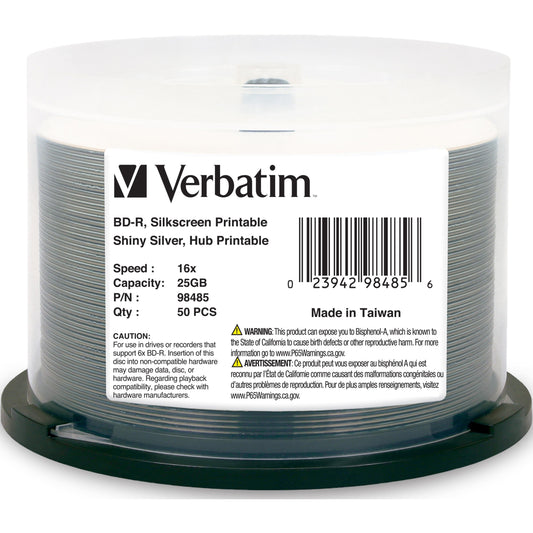 Verbatim America, LLC BD-R 25GB 16X Shiny Silver Silk Screen Printable Discs – 50 Pack