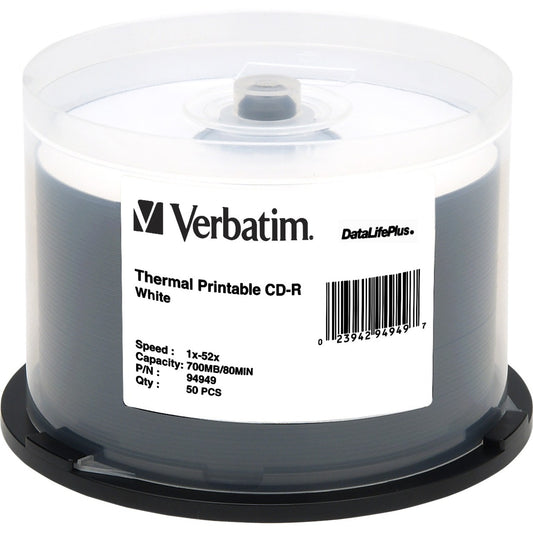 Verbatim DataLifePlus CD-R 700MB 52X White Thermal Printable Discs - 50 Pack