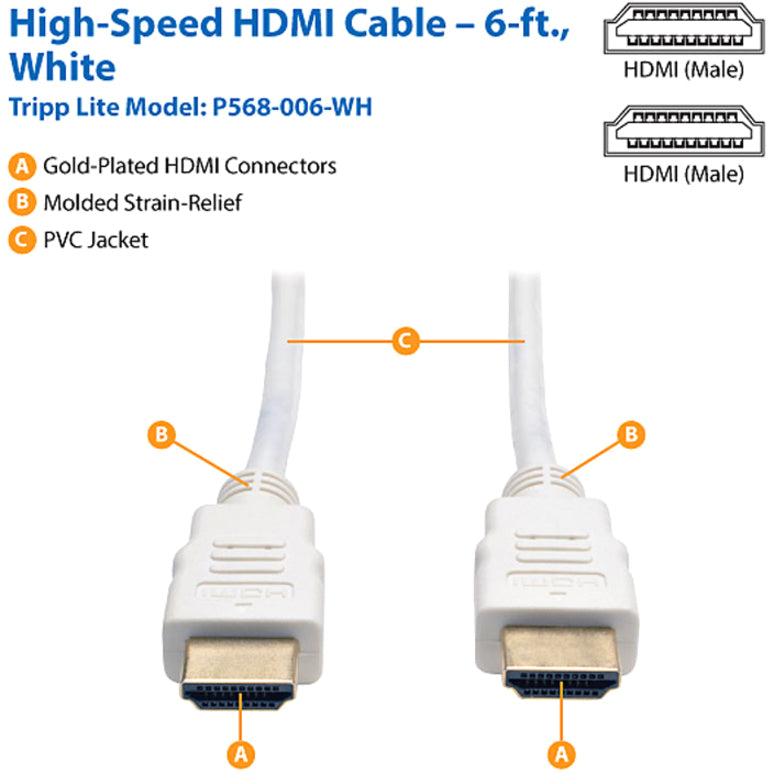 Eaton Tripp Lite Series High-Speed HDMI Cable (P568-006-WH) - 6 ft 4K UHD Digital Video & Audio, White