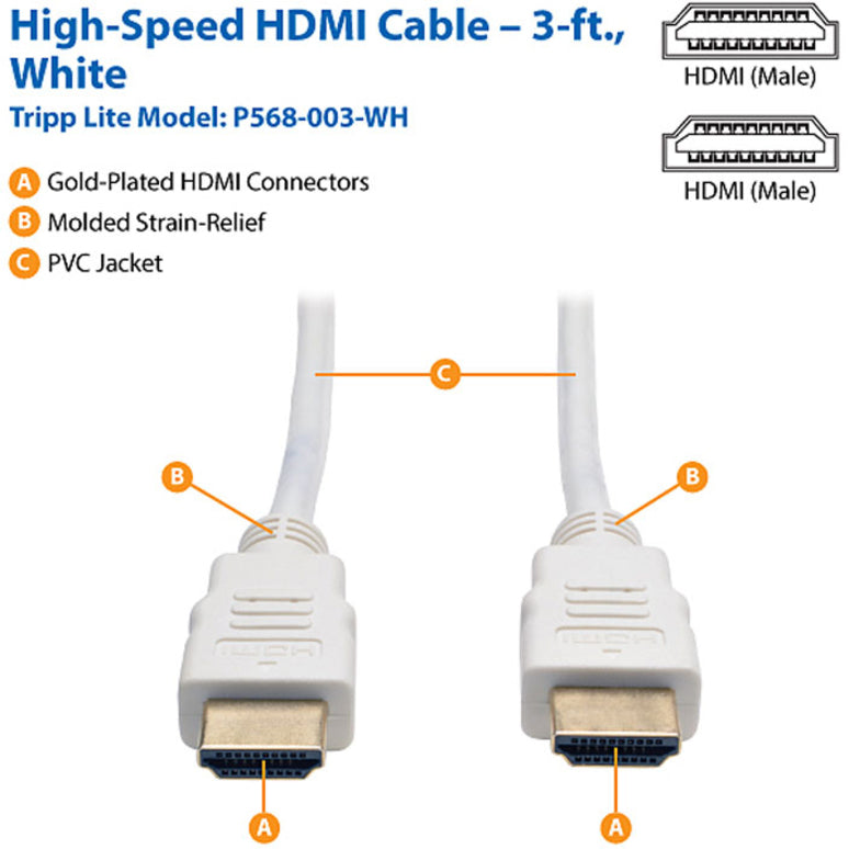 Eaton Tripp Lite Series High-Speed 4K HDMI Cable (Part P568-003-WH) – 3 ft. White, Gold-Plated Connectors