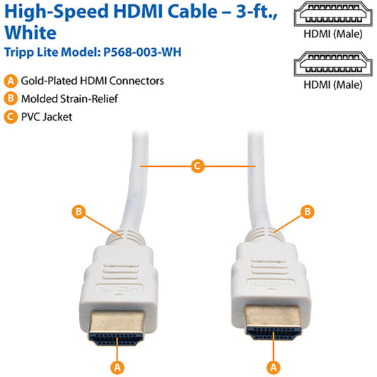 Eaton Tripp Lite Series High-Speed 4K HDMI Cable (Part P568-003-WH) – 3 ft. White, Gold-Plated Connectors