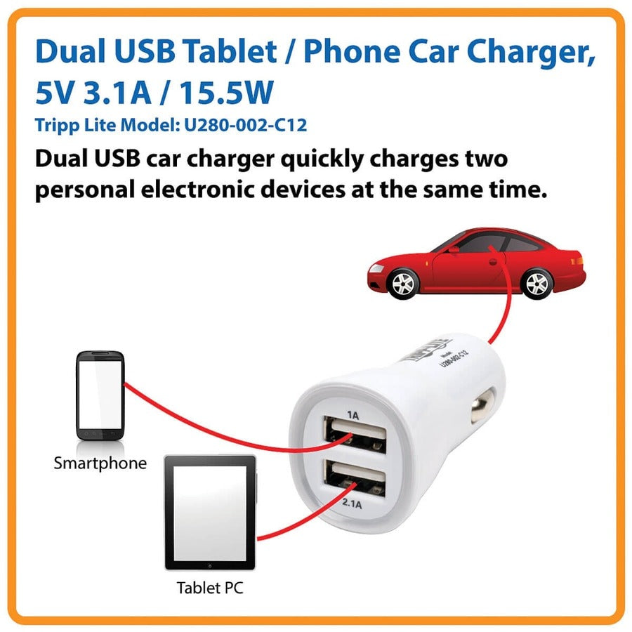 Eaton Tripp Lite Series Dual USB Car Charger U280-002-C12 – 5V, 3.1A Fast Charging for Tablets and Phones