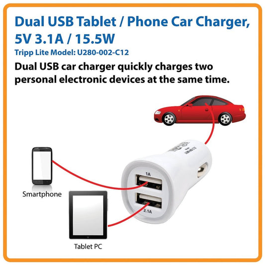 Eaton Tripp Lite Series Dual USB Car Charger U280-002-C12 – 5V, 3.1A Fast Charging for Tablets and Phones