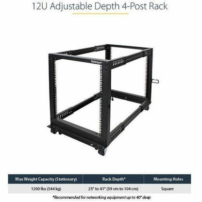 StarTech.com 4-Post 12U Mobile Open Frame Server Rack with Casters and Adjustable Depth