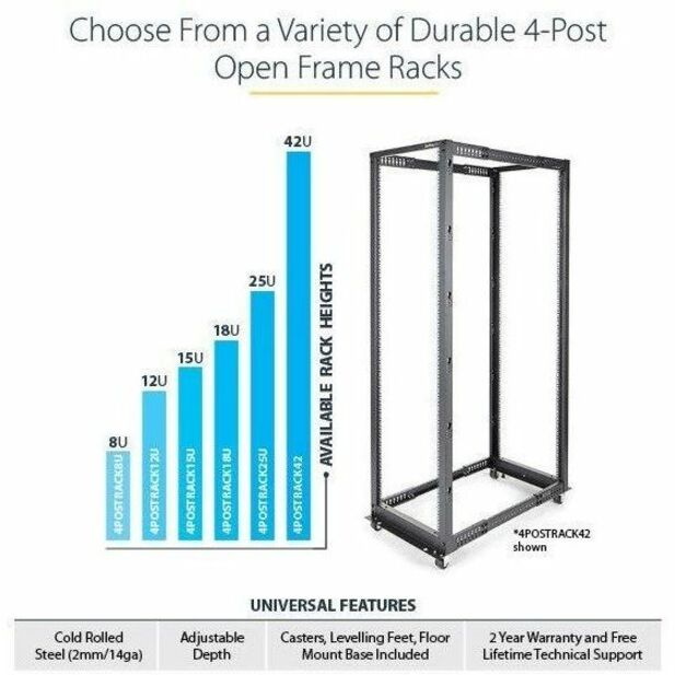 StarTech.com 4-Post 12U Mobile Open Frame Server Rack with Casters and Adjustable Depth