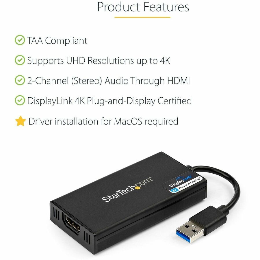 StarTech.com USB 3.0 to HDMI Adapter, 4K UHD, External Video Card for Windows & Mac