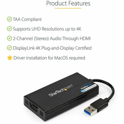 StarTech.com USB 3.0 to HDMI Adapter, 4K UHD, External Video Card for Windows & Mac