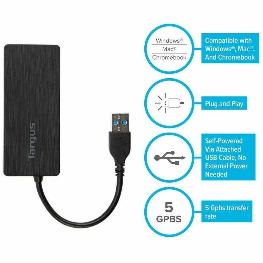 Targus USB 3.0 4-Port Hub ACH124US – External USB Expansion for Mac and Windows