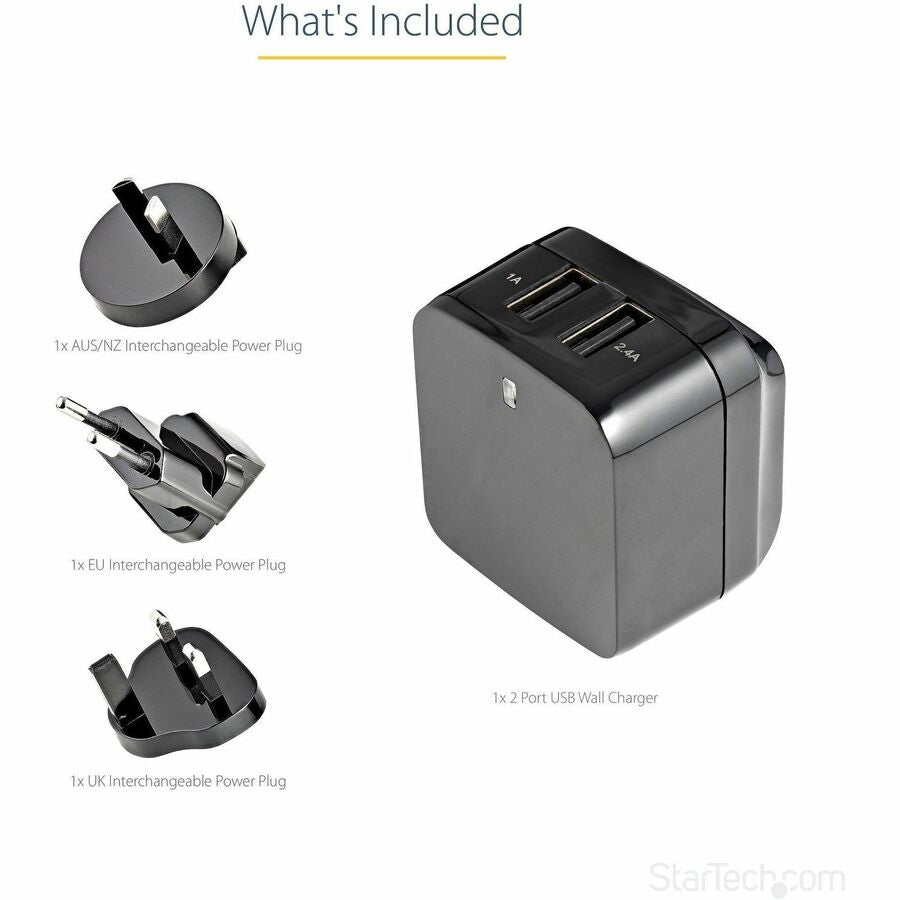 StarTech.com Travel USB Wall Charger - 2 Port Universal Power Adapter for International Travel - Model USB2PACBK