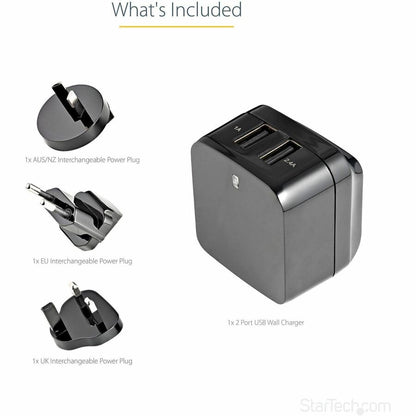 StarTech.com Travel USB Wall Charger - 2 Port Universal Power Adapter for International Travel - Model USB2PACBK