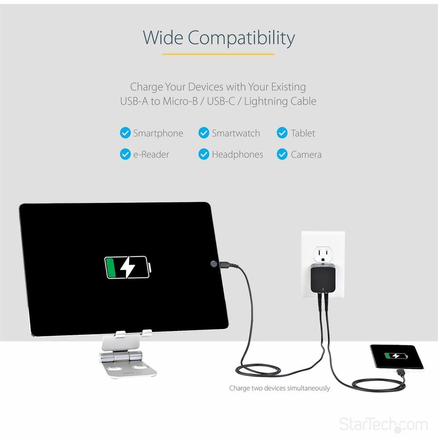 StarTech.com Travel USB Wall Charger - 2 Port Universal Power Adapter for International Travel - Model USB2PACBK