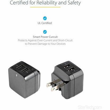 StarTech.com Travel USB Wall Charger - 2 Port Universal Power Adapter for International Travel - Model USB2PACBK