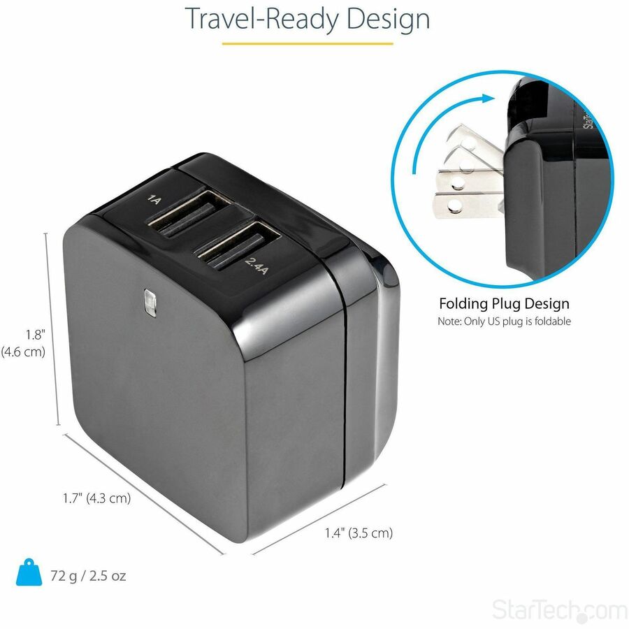 StarTech.com Travel USB Wall Charger - 2 Port Universal Power Adapter for International Travel - Model USB2PACBK