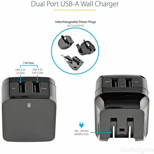StarTech.com Travel USB Wall Charger - 2 Port Universal Power Adapter for International Travel - Model USB2PACBK