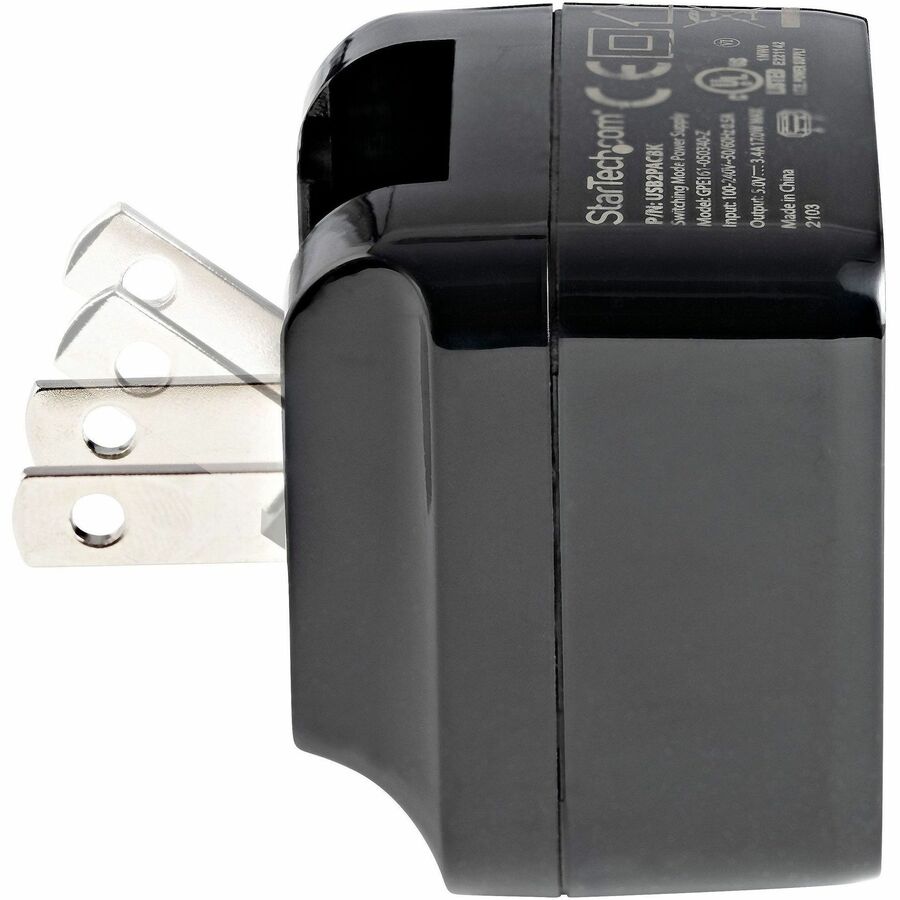StarTech.com Travel USB Wall Charger - 2 Port Universal Power Adapter for International Travel - Model USB2PACBK