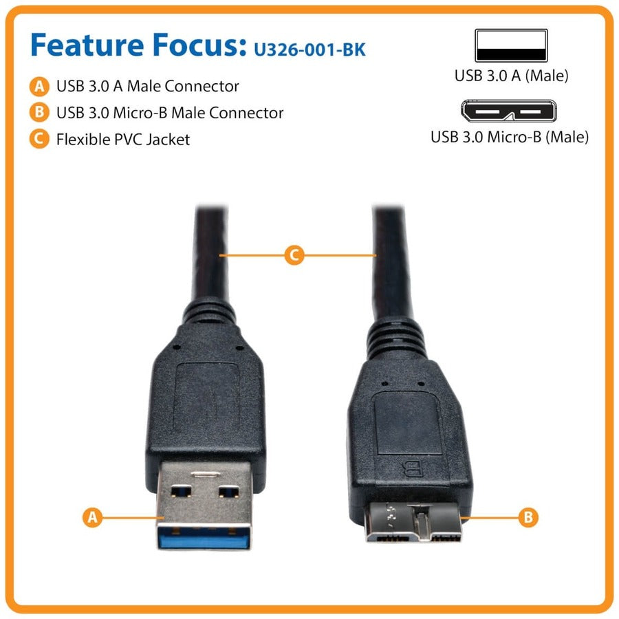 Eaton Tripp Lite Series USB 3.0 SuperSpeed Device Cable (A to Micro-B, 1 ft.) Black