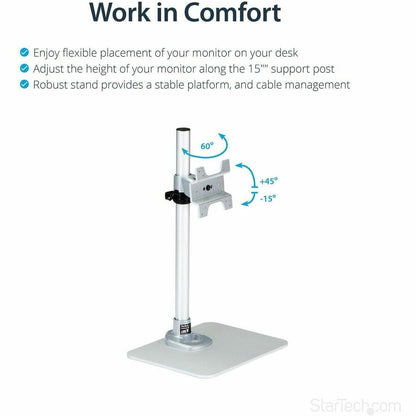 StarTech.com Single Monitor Stand for 12 to 34-Inch Displays, Adjustable Steel Desk Mount in Silver