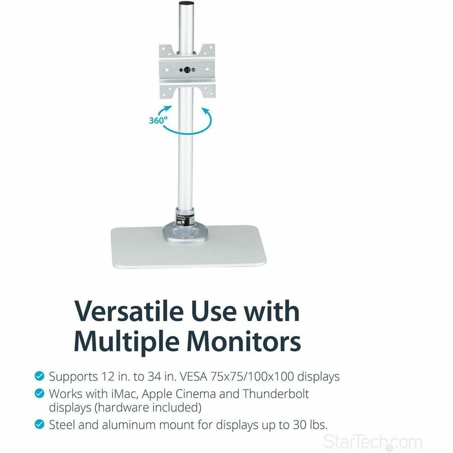 StarTech.com Single Monitor Stand for 12 to 34-Inch Displays, Adjustable Steel Desk Mount in Silver