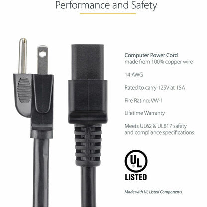 StarTech.com 3ft NEMA 5-15P to IEC C19 Power Cord – Heavy Gauge 14 AWG, 125V 15A, Suitable for Servers and Networking Equipment