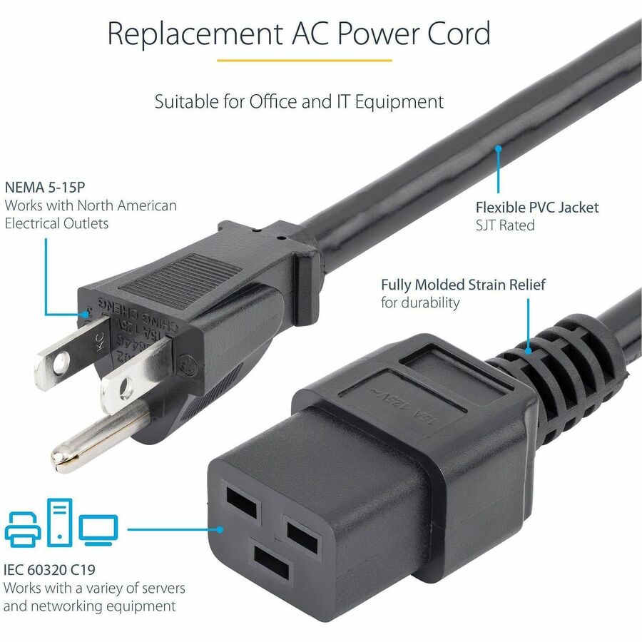 StarTech.com 3ft NEMA 5-15P to IEC C19 Power Cord – Heavy Gauge 14 AWG, 125V 15A, Suitable for Servers and Networking Equipment