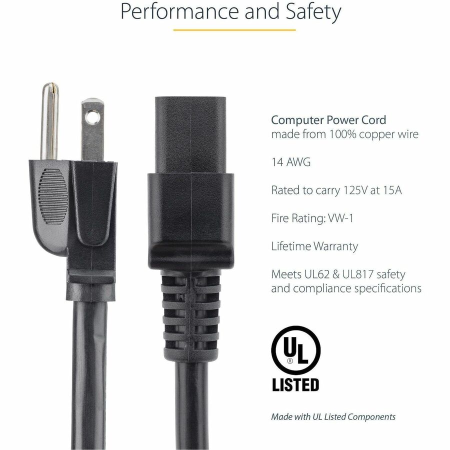 StarTech.com 6ft NEMA 5-15P to C19 Power Cord – Heavy Duty 14 AWG Computer Power Cable for Servers and Networking Equipment