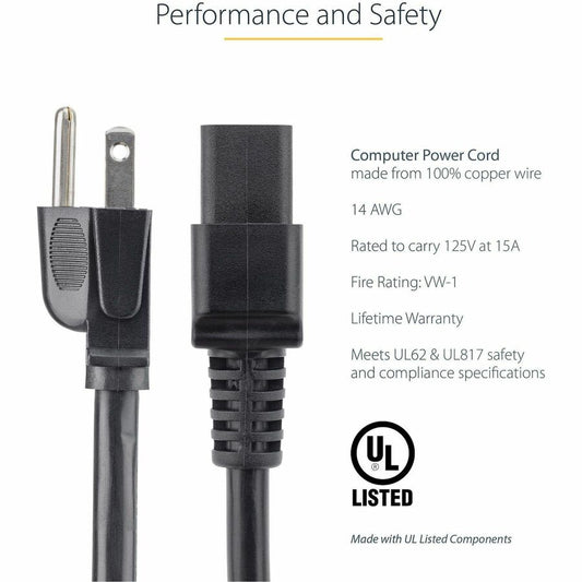 StarTech.com 6ft NEMA 5-15P to C19 Power Cord – Heavy Duty 14 AWG Computer Power Cable for Servers and Networking Equipment