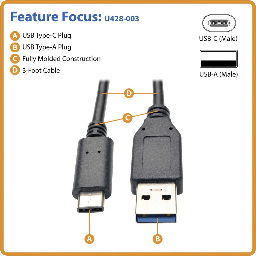 Eaton Tripp Lite Series USB-C to USB-A Data Transfer Cable (U428-003), 3 ft, USB 3.1 Gen 1, 5 Gbps