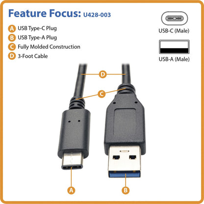 Eaton Tripp Lite Series USB-C to USB-A Data Transfer Cable (U428-003), 3 ft, USB 3.1 Gen 1, 5 Gbps