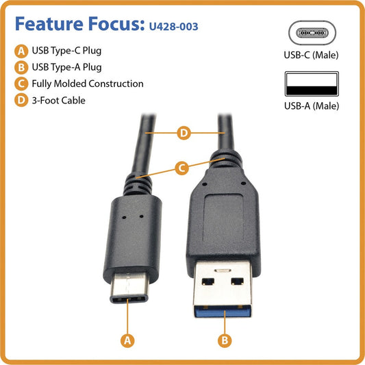 Eaton Tripp Lite Series USB-C to USB-A Data Transfer Cable (U428-003), 3 ft, USB 3.1 Gen 1, 5 Gbps