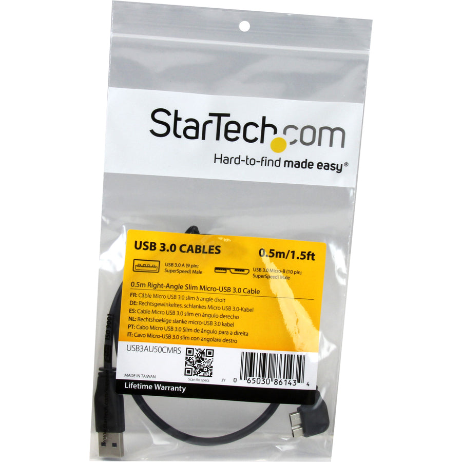 StarTech.com 0.5m (20in) Slim Micro USB 3.1 Gen 1 Cable with Right-Angled Connector