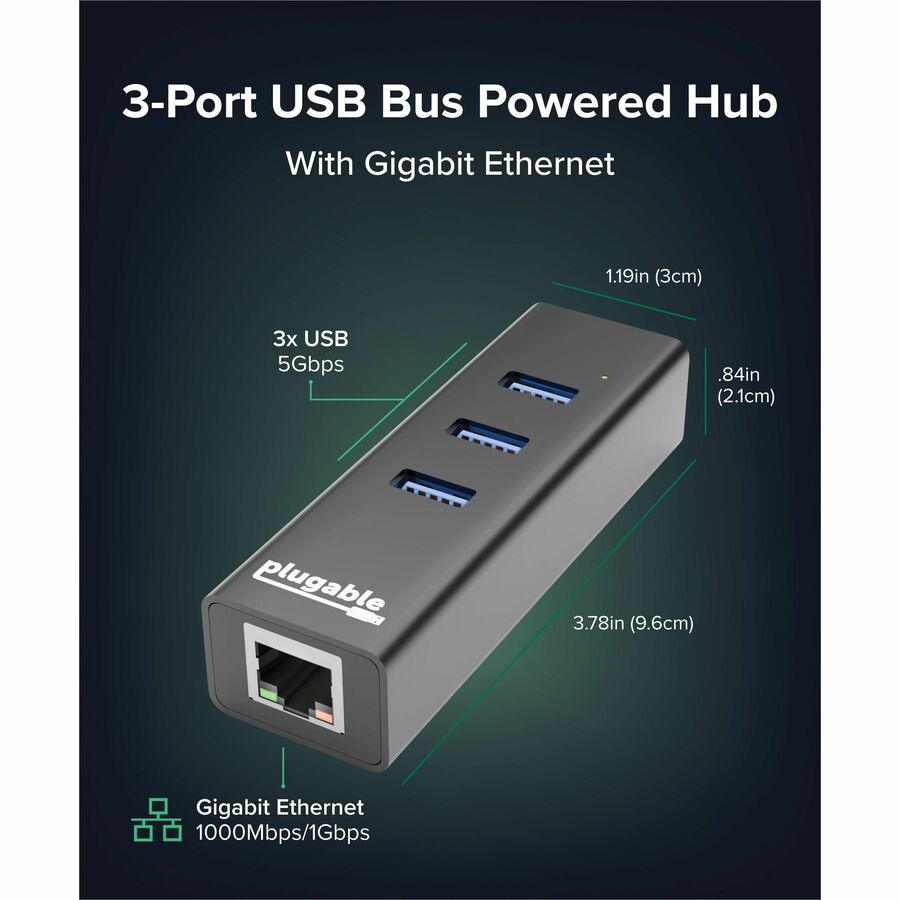 Plugable USB 3.0 Hub with Gigabit Ethernet Adapter - 3 USB Ports, External Black Aluminum Design