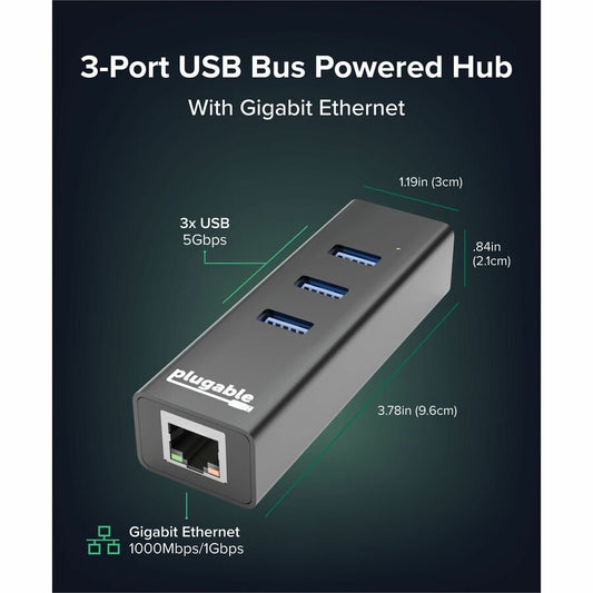 Plugable USB 3.0 Hub with Gigabit Ethernet Adapter - 3 USB Ports, External Black Aluminum Design