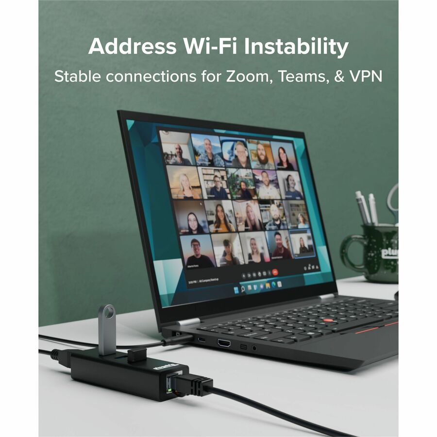 Plugable USB 3.0 Hub with Gigabit Ethernet Adapter - 3 USB Ports, External Black Aluminum Design