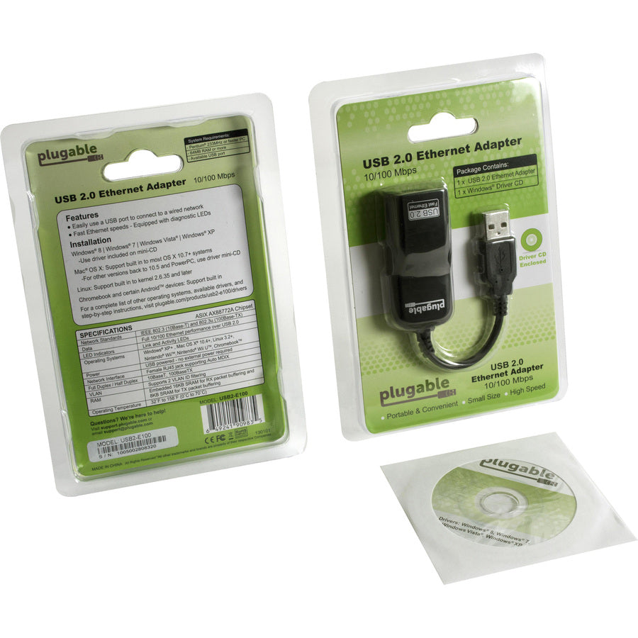 Plugable USB 2.0 to Ethernet Fast 10/100 LAN Wired Network Adapter - Model USB2-E100