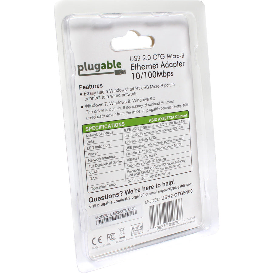 Plugable USB 2.0 OTG Micro-B to 100Mbps Fast Ethernet Adapter for Tablets and Raspberry Pi