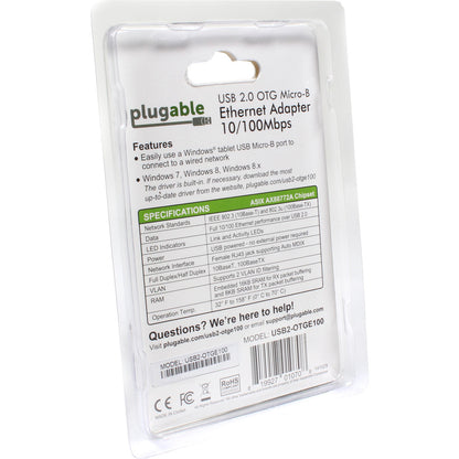 Plugable USB 2.0 OTG Micro-B to 100Mbps Fast Ethernet Adapter for Tablets and Raspberry Pi