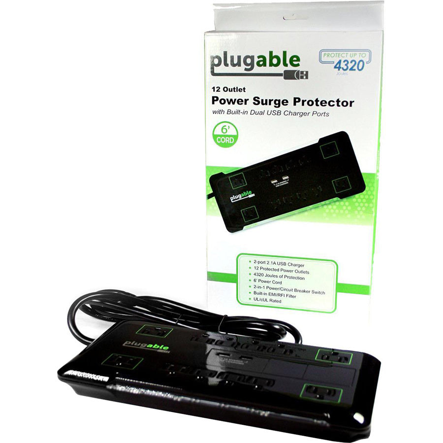Plugable Technologies PS12-USB2 12-Outlet Power Strip with Surge Protection and USB Charging