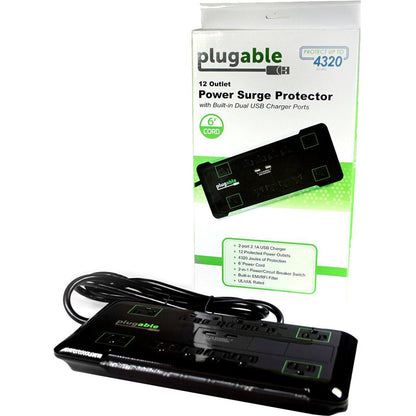 Plugable Technologies PS12-USB2 12-Outlet Power Strip with Surge Protection and USB Charging