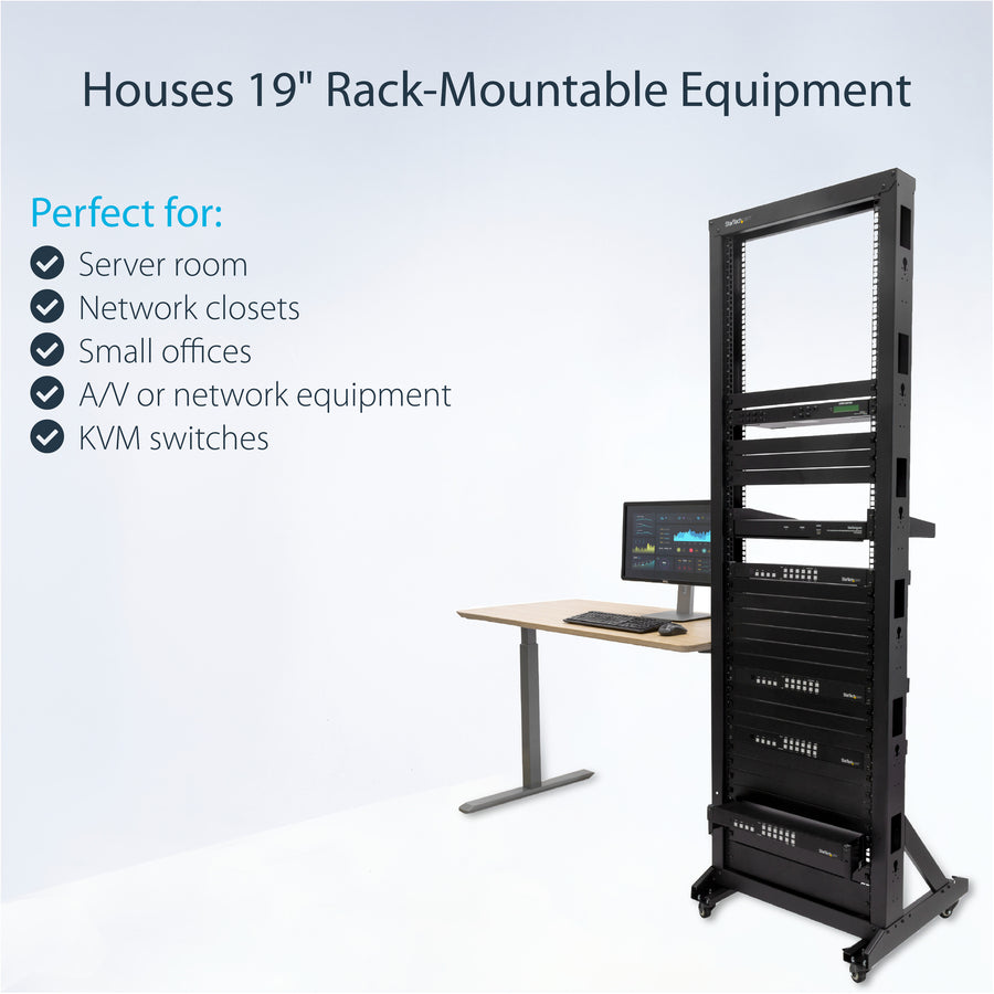 StarTech.com 2-Post 42U Mobile Open Frame Server Rack with Casters - 19 Inch Network Rack for Data, AV, and IT Equipment