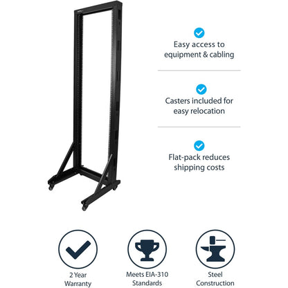 StarTech.com 2-Post 42U Mobile Open Frame Server Rack with Casters - 19 Inch Network Rack for Data, AV, and IT Equipment