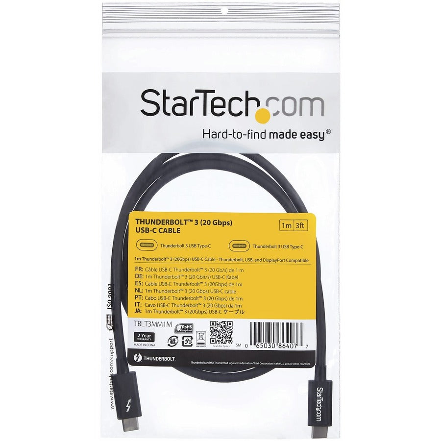 StarTech.com 1m Thunderbolt 3 Cable (TBLT3MM1M) – 20Gbps Data Transfer, 4K Video, 100W Power Delivery, USB-C Compatible