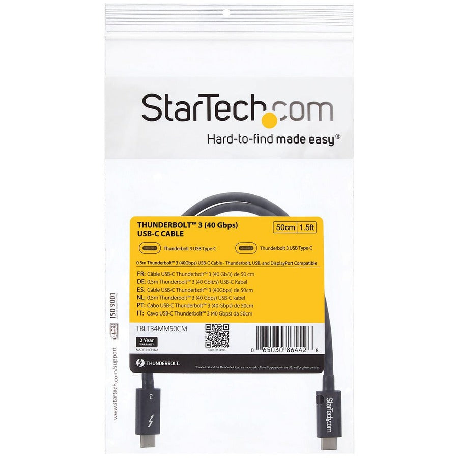 StarTech.com 50cm Thunderbolt 3 Cable (Part TBLT34MM50CM) – 40Gbps Data Transfer, 100W Power Delivery, Supports 4K & 5K Video